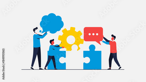 Two People Collaborating to Solve a Puzzle with Gears and Speech Bubble, Representing Teamwork and Problem Solving in Bright Studio