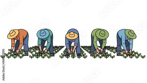 Five farmers are diligently harvesting crops in a lush green field, showcasing agricultural labor and sustainable farming practices.