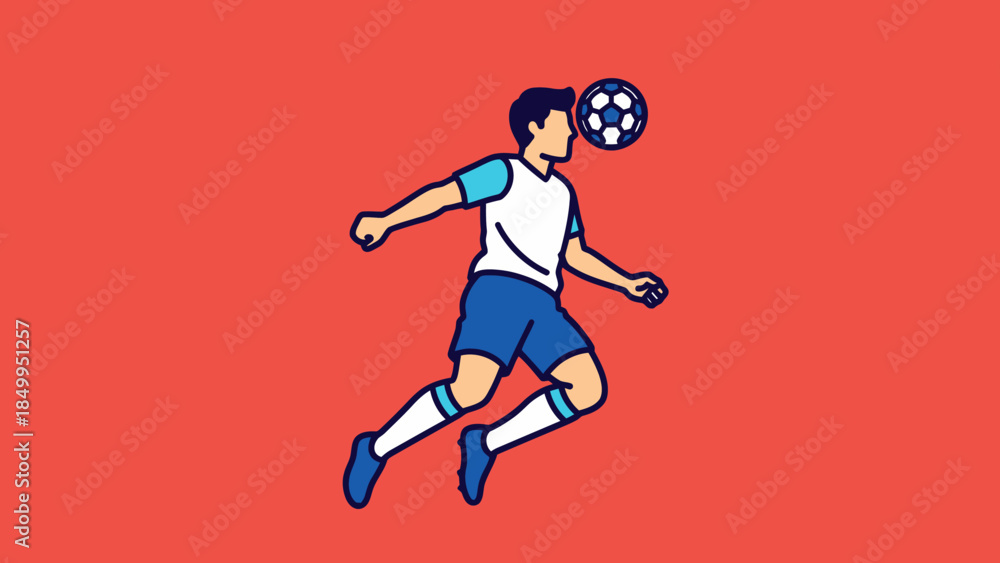 Obraz premium Male soccer player heading the football during a jump, isolated on a vibrant red background.