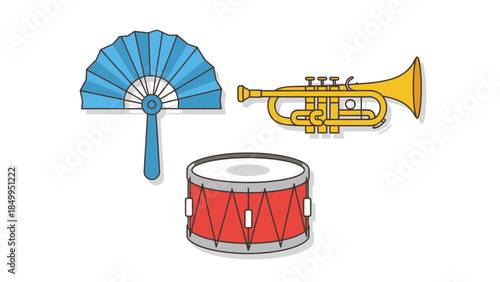 A gold brass trumpet and drum set vector illustration features jazz musical instrument symbols for orchestra concert sound design isolated on white