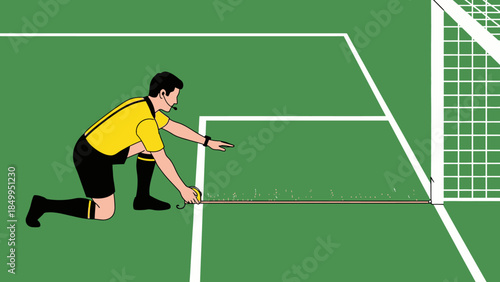 Male soccer referee measuring the distance for a free kick or penalty on a green football field.
