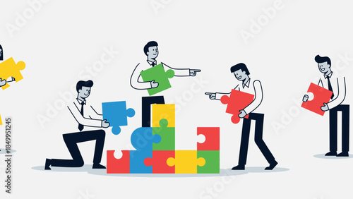 Diverse business team building a structure with colorful puzzle pieces in a bright studio, symbolizing collaboration and strategy.