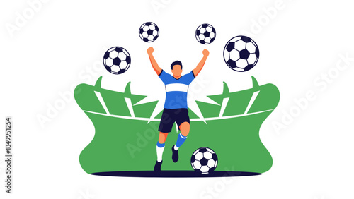 Male soccer player celebrating a goal with arms raised, surrounded by floating footballs on a stylized green field, isolated white background.