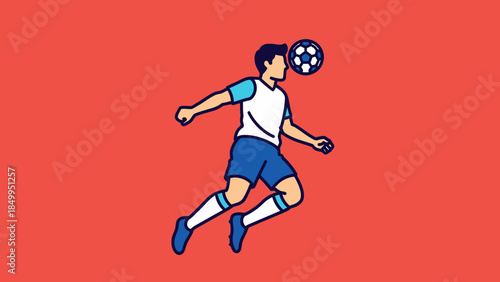 Male soccer player heading the football during a jump, isolated on a vibrant red background.