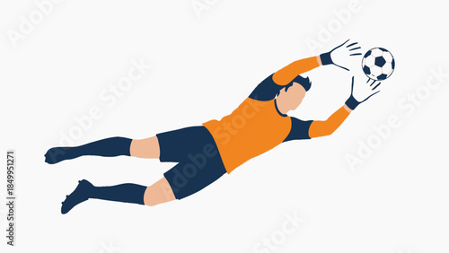 Male soccer goalkeeper in orange uniform diving to save a football, isolated on a light grey background.