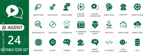 AI agent icons featuring automation, intelligence, learning,  innovation, agent, robotics, technology, customer service system