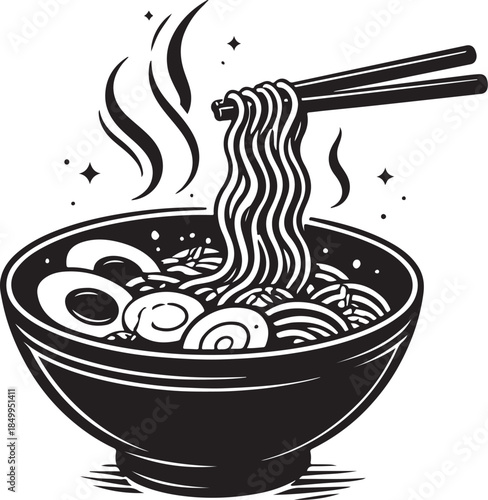 A silhouette of steaming bowl of noodles, comforting dish, clean vector