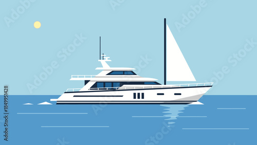 Luxury White Yacht with Sail Cruising on the Blue Ocean Water Under a Bright Sunny Sky