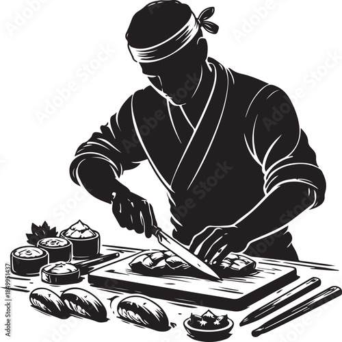 A silhouette of sushi chef slicing fish, precision art, vector style