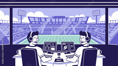 Two Male Sports Commentators Wearing Headsets and Discussing a Game in a Broadcast Booth Overlooking a Stadium Field
