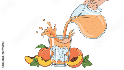 Refreshing peach juice is being poured into a glass filled with ice, surrounded by fresh peaches and mint leaves.