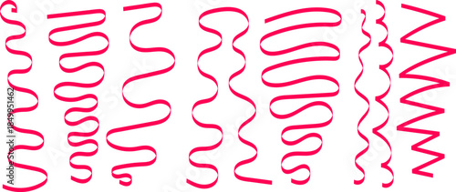 collection of hot pink hand drawn vertical wavy line and zigzag brush stroke element set on white background