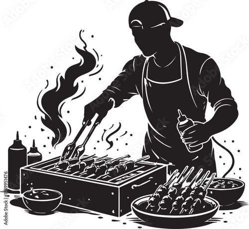 A silhouette of person grilling skewers, street food vibe, dark silhouette