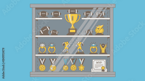 Shelf display of a trophy cabinet filled with various sports awards, medals, and a golden trophy, symbolizing success and achievement.