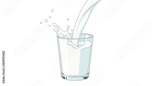 Pouring milk into a clear glass creates a splash and bubbly effect, showcasing a refreshing beverage moment.