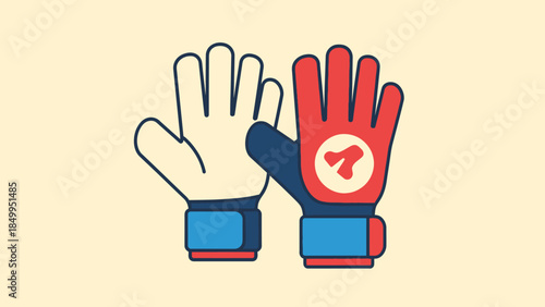 Pair of red and blue goalkeeper gloves, essential protective equipment for soccer players on a light yellow background.