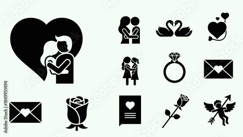 Comprehensive set of black love and wedding icons, including a couple, swans, heart, engagement ring, and a love letter, on a white background.