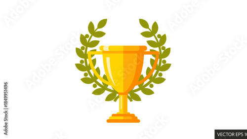 Prestigious golden trophy surrounded by a green laurel wreath, symbolizing victory, honor, and achievement on a white background.