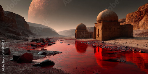 sinister river on a desert planet, ancient alien ruins by an ominous river, otherworldly desert river and lost civilization