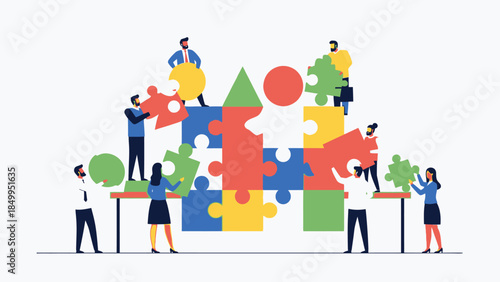 Diverse business team collaborating to assemble a colorful jigsaw puzzle, symbolizing teamwork and problem-solving in a bright studio.