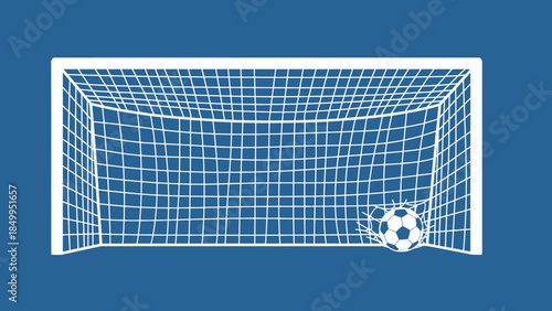 Soccer ball successfully scored in a football goal net, depicting a moment of triumph and achievement on a blue background.
