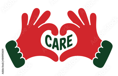 Red Hands Forming Heart Shape with Care Text for Charity and Support Concept