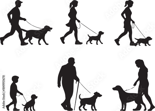 Dog Walking Silhouette Icon Set