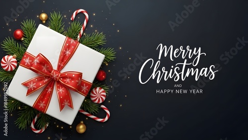 Elegant Christmas Greeting with Luxury Gift Box, Red Ribbon, and Festive Decorations on Dark Background
