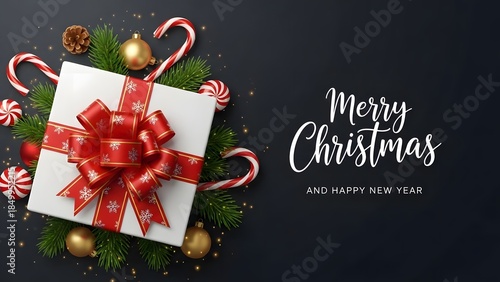 Elegant Christmas Greeting with Luxury Gift Box, Red Ribbon, and Festive Decorations on Dark Background