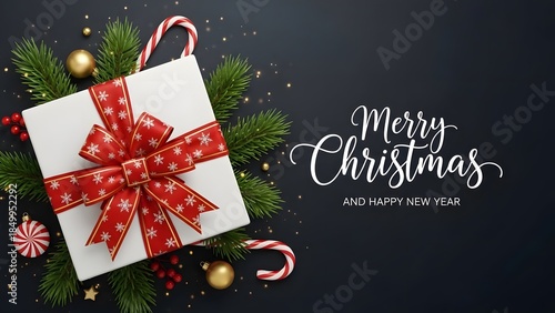 Elegant Christmas Greeting with Luxury Gift Box, Red Ribbon, and Festive Decorations on Dark Background