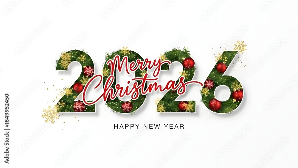 Naklejka premium Festive 2026 New Year Greeting with Christmas Pattern Numbers on Clean White Background