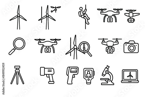 Wind turbine drone inspection icons with camera and tech equipment