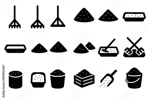 Gardening tools and soil pictograms in black and white