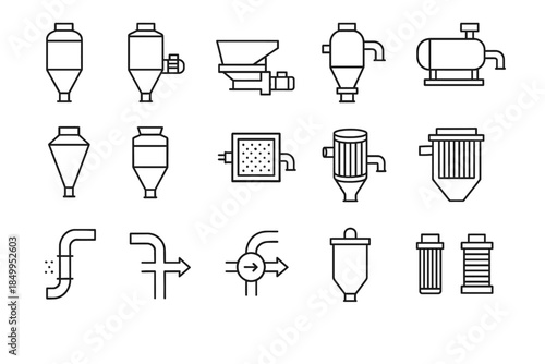 Industrial equipment icons: valves, filters, hoppers, cyclones, pipes