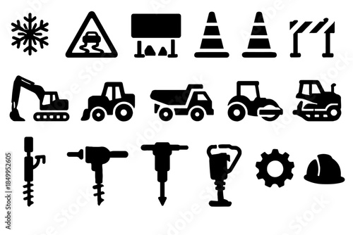 Construction and roadwork icons: machinery, safety signs, tools, helmets