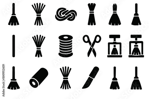 Collection of cleaning tools and sewing supplies icons in black silhouette style