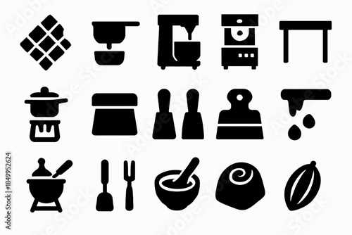 Collection of kitchen utensil icons including grinder, mixer, pot, and rolling pin