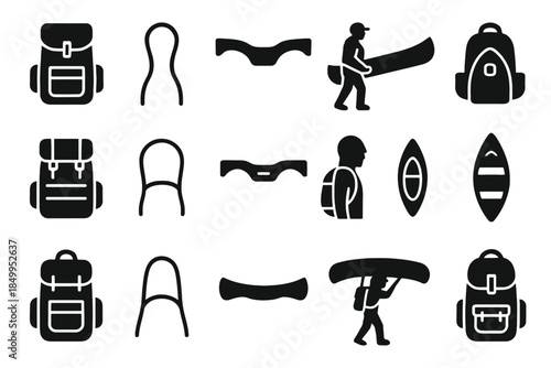 Silhouette icons of backpacks and canoeing activities