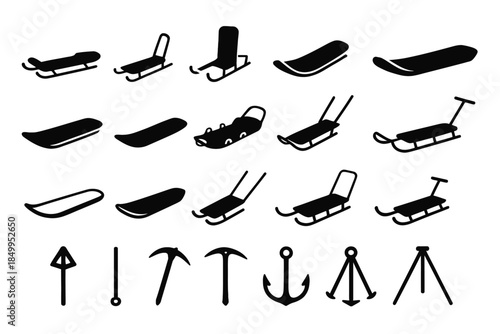 Various silhouettes of sleds and winter equipment icons