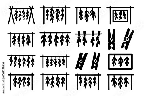 Silhouette icons of herb drying racks and pegs in various arrangements