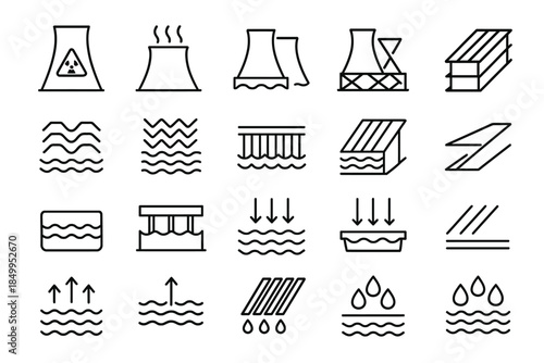 Line icons of industrial buildings and water elements