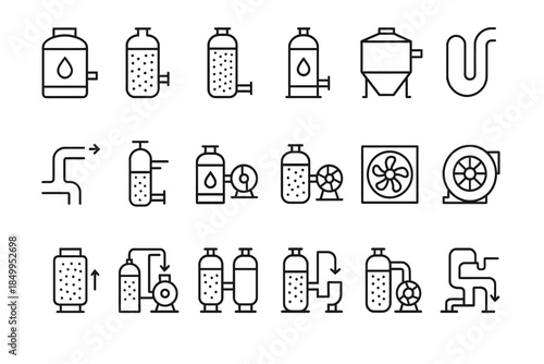 Brewing process icons set: fermentation, filtration, and pump systems