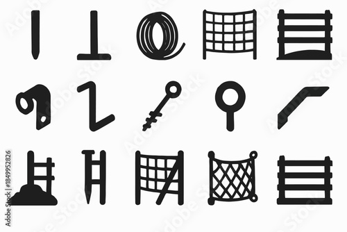 Set of 16 black fence and barrier icons in various styles and designs