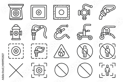 Fire safety equipment icons: hydrants, valves, hoses, warnings, prohibitions