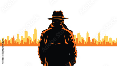 A solitary figure in a hat and coat contemplates a sprawling cityscape, evoking themes of mystery and urban isolation.