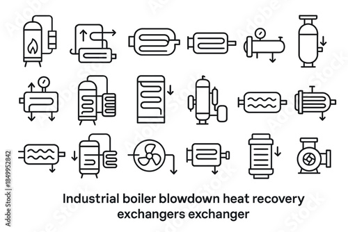 Industrial boiler blowdown heat recovery exchangers outline icons set