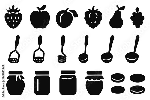 Fruit and kitchen utensil icons with jars and lids collection
