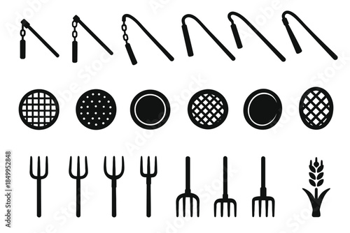 Black set of martial arts weapons, shields, pitchforks, and plant icon silhouettes