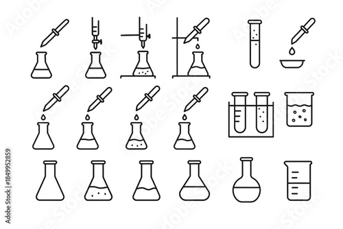 Collection of laboratory equipment icons: flasks, beakers, test tubes, droppers
