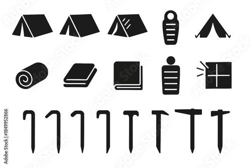 Camping icons set: tents, sleeping bags, blankets, books, windows, stakes